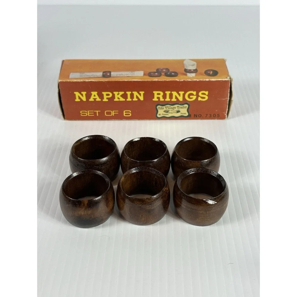 6 Vintage Wood‎ Boho Cottage Core Napkin Rings Holder Round Old Village Trader